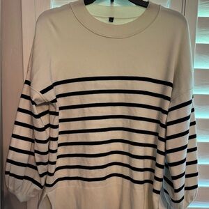 Amazon Women's Cream and Black Striped Sweater